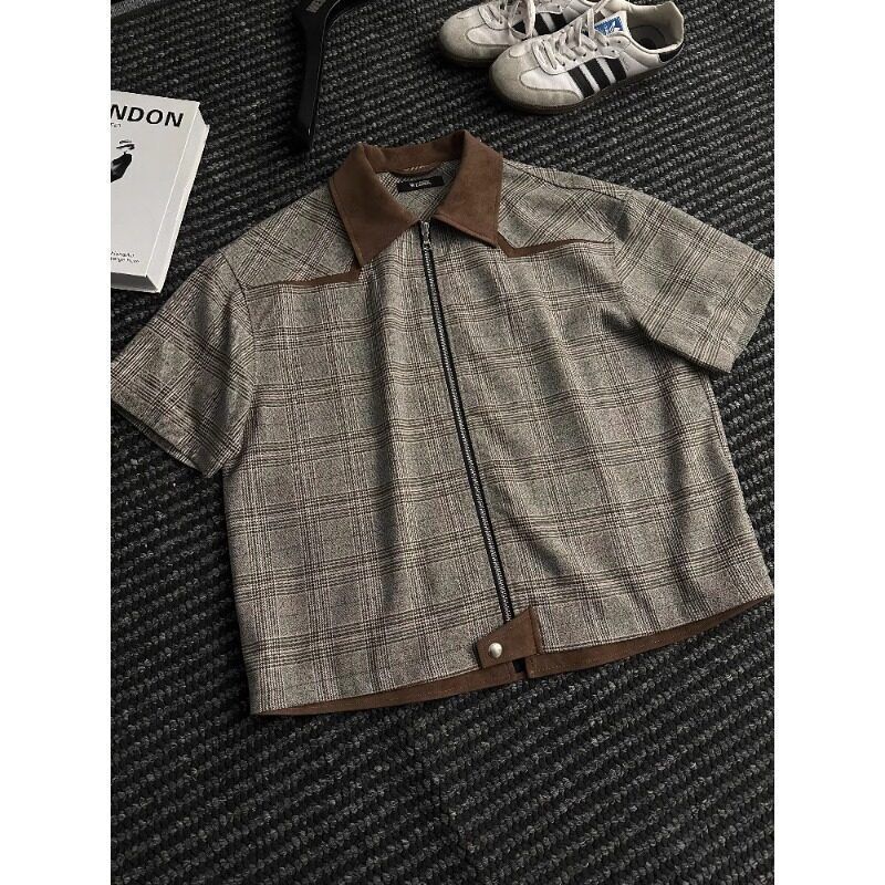 Welsh King Houndstooth Patchwork Collar Deconstructed Short Sleeve Shirt for Men, Summer Short Wide Three-Dimensional Cut Half Sleeve Shirt