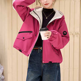 女士棉衣2025冬季新款宽松加绒加厚玫红色冲锋衣派克棉服短外套潮