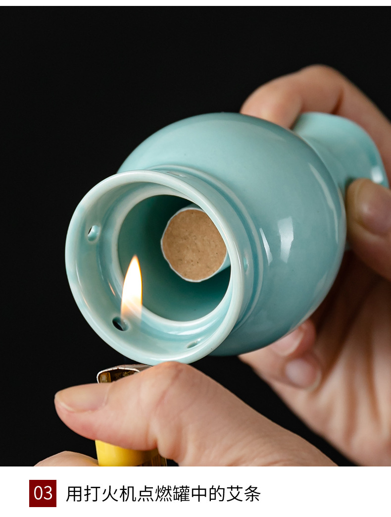 Ceramic Moxa Jar Small Neck Warming Tool with Cloth Sleeve and Ash Guard for Home Moxibustion specifications
