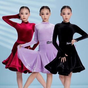 Children's and Women's Autumn and Winter Latin Dance Hook Finger Long-sleeved suit Practice Clothes Professional Examination Competition Fishbone Large Skirt