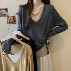 大きいサイズの婦人服の偽の2つのvネックの長袖のtシャツの女性の太っている妹はゆったりしていて、やせています。