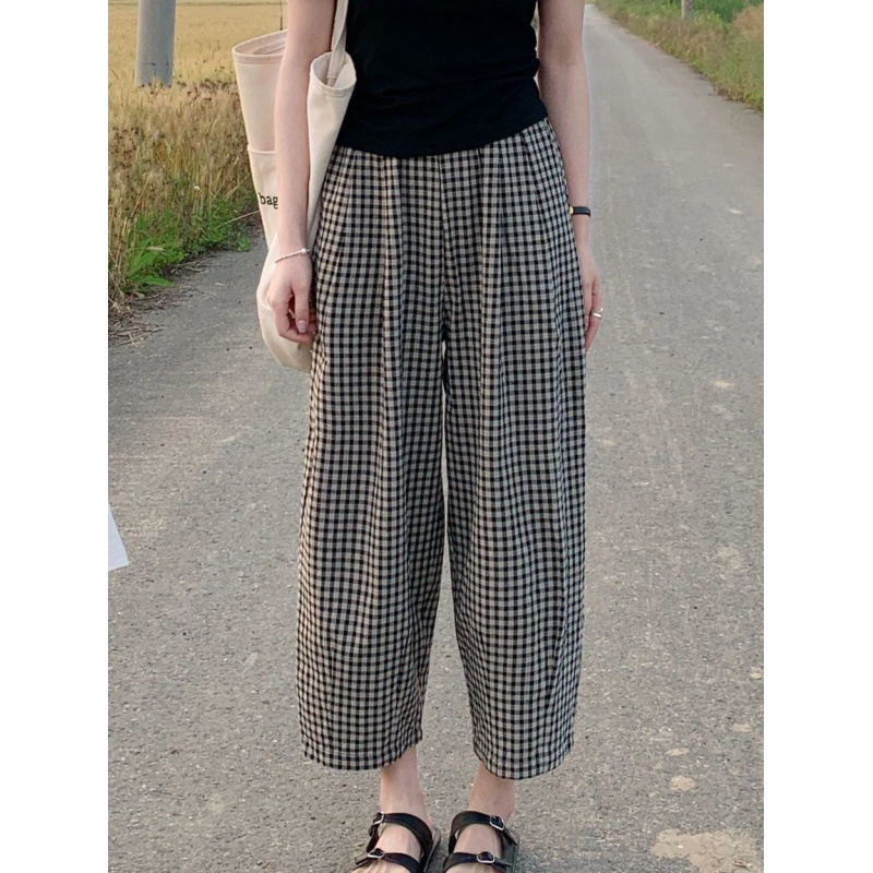 Simple Korean-Style Black and White Plaid Casual Pants for Women, Summer High-Waisted Loose Slimming Ankle-Length Cropped Pants, Trendy on Instagram