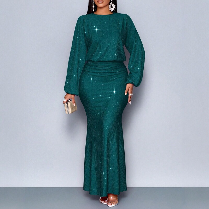 In-Stock Tk Independent Station 2025 European and American New Fashion Beaded Long-Sleeve Mermaid Dress with Pleats and Elegant Style