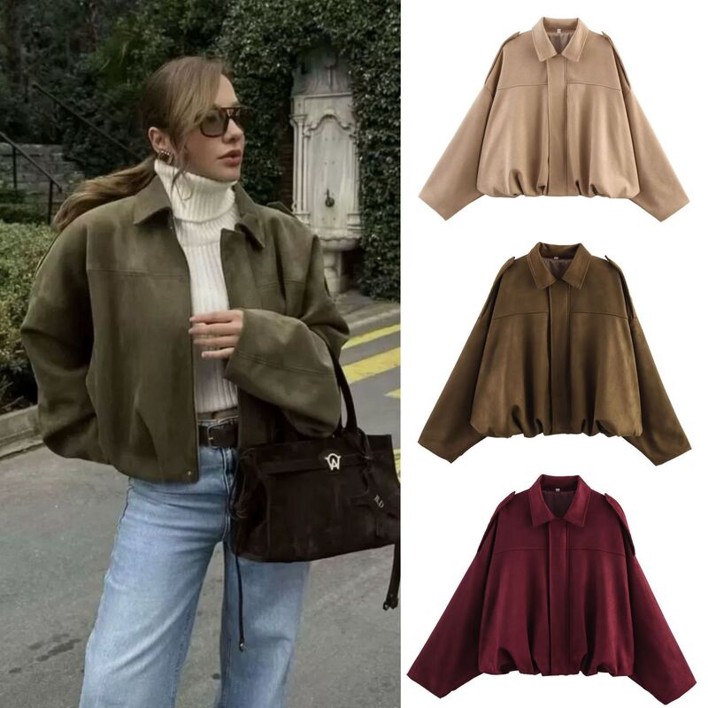 Amazon European and American Women's Clothing 2025 Spring and Autumn Suede Textured Lapel Zipper Button Bomber Jacket