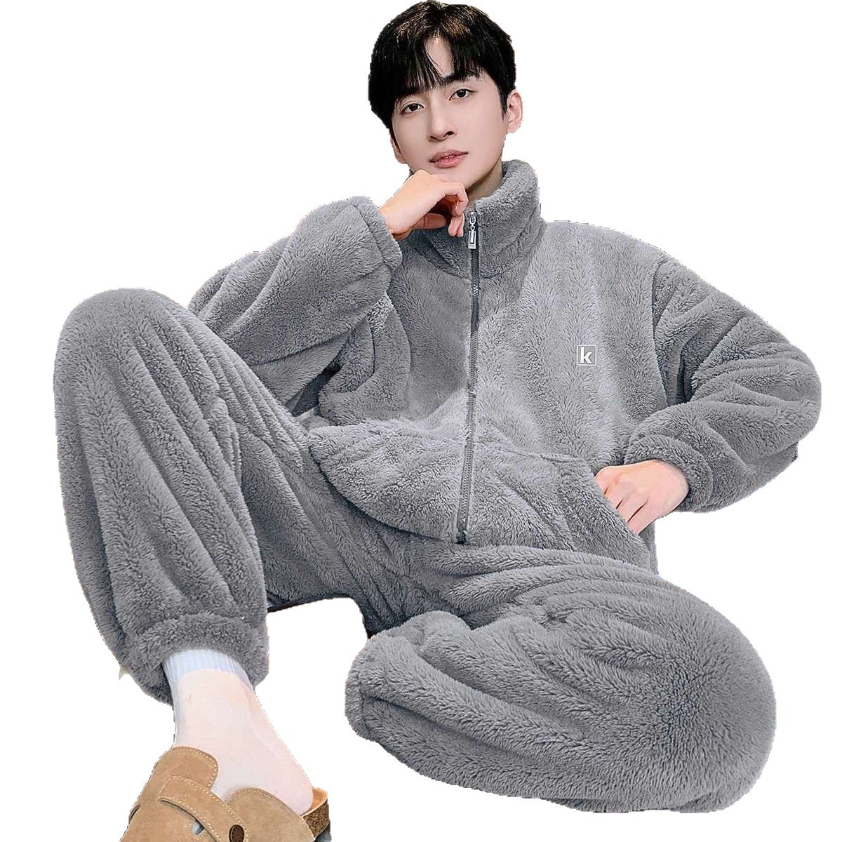 Pijama de hombre coreano invierno nuevo estilo de franela casual más terciopelo engrosado letra simple K coral terciopelo ropa para el hogar