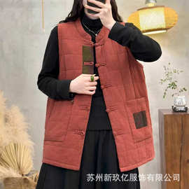 2025秋复古宽松个性亚麻炒色做旧V领盘扣马甲百搭无袖上衣棉衣女