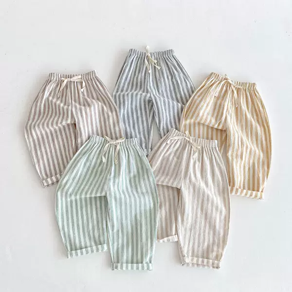 26 Summer Baby Mosquito-Proof Pants, Striped Drawstring Casual Pants for Boys and Girls, Loose and Comfortable Children's Thin Linen-Cotton Long Pants