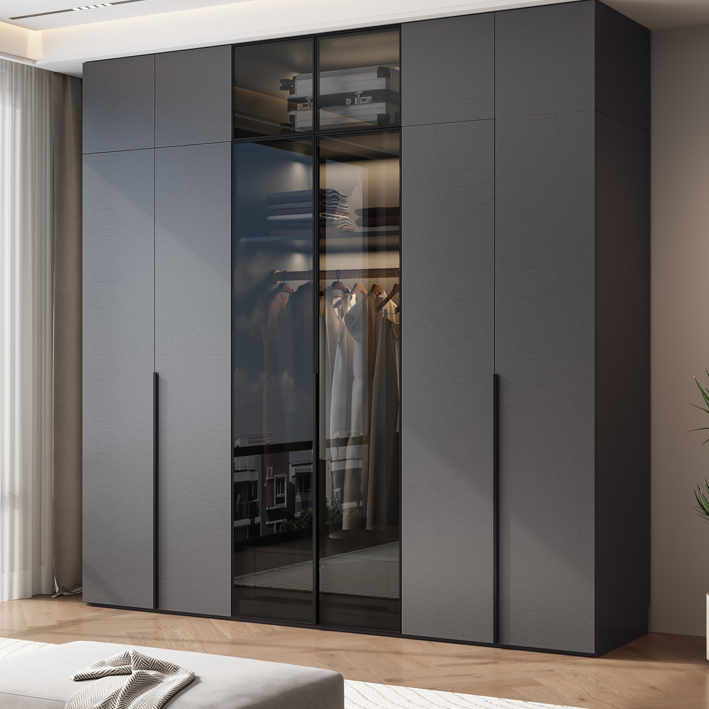 Glass Door Wardrobe for Bedroom, Home Use, Dark Gray, Rental Apartment Cabinet Combination, Assembled Large Wardrobe, Storage, Light Luxury