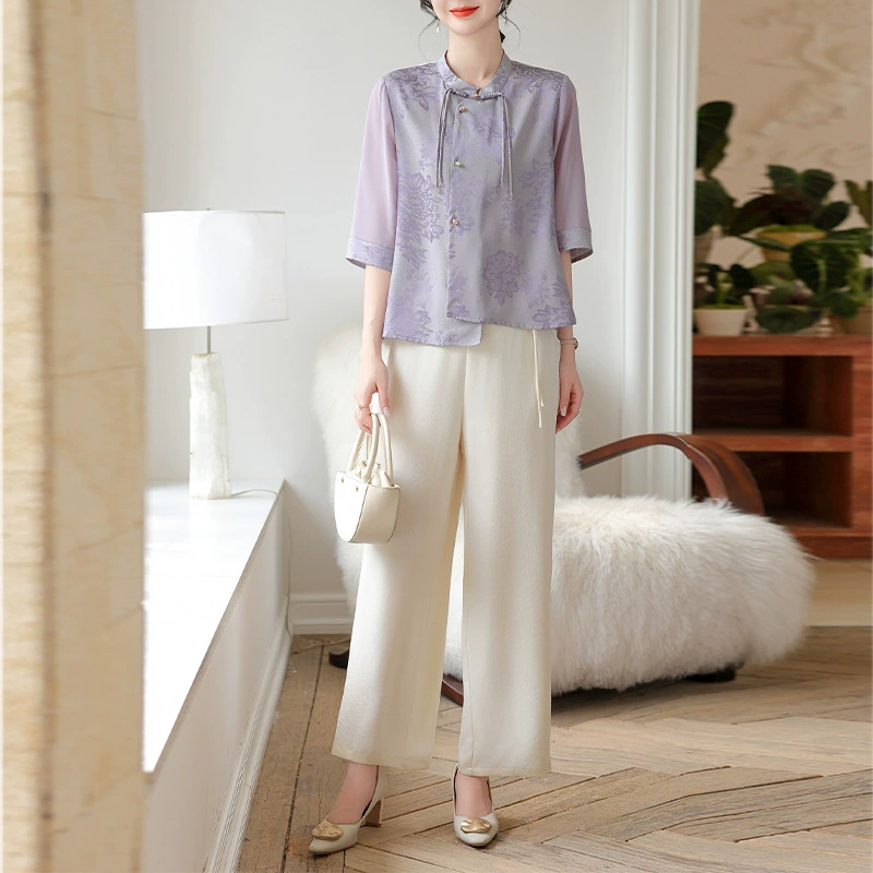 Летний костюм для мамы, новый комплект из двух предметов в китайском стиле с принтом в западном стиле, летний костюм для женщин среднего и пожилого возраста.