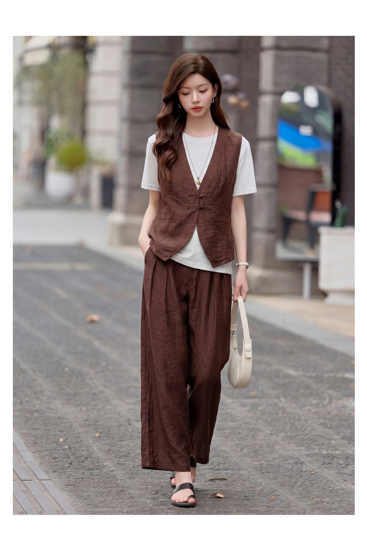 Bộ quần áo nữ hai mảnh gồm áo vest cổ V và quần ống rộng phối đồng bộ — Đỏ nâu, Xanh lông mòng đen chi tiết 21