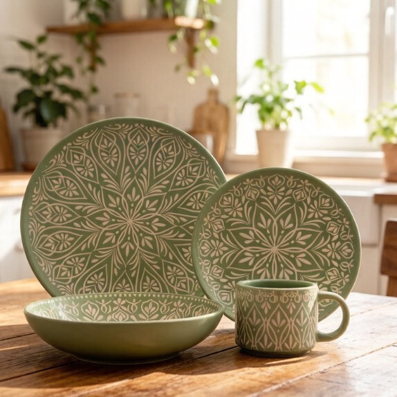 Moroccan-style handmade ceramic tableware set, red/green ceramic embossed bowl, plate, and cup four-piece set for guesthouses and cafes Moroccan-style handmade ceramic tableware set, red/green ceramic embossed bowl, plate, and cup four-piece set for guesthouses and cafes