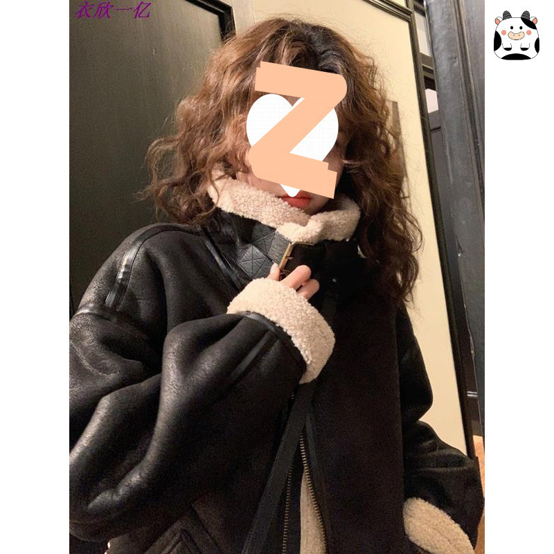 Lamb Wool Outwear Women's Winter Korean Style Velvet Thickeneded Fur One-Piece Stand-Up Collar High-End Black Leather Motorcycle Jacket