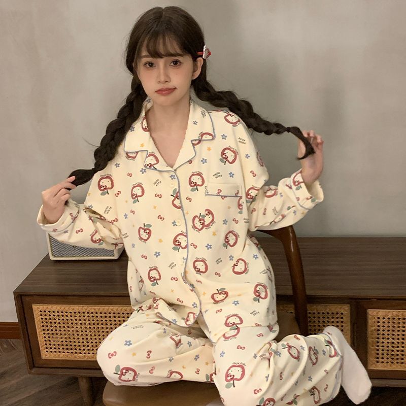 跨境批发睡衣女翻领春秋新款可爱卡通长袖长裤甜美宽松家居服套装|undefined