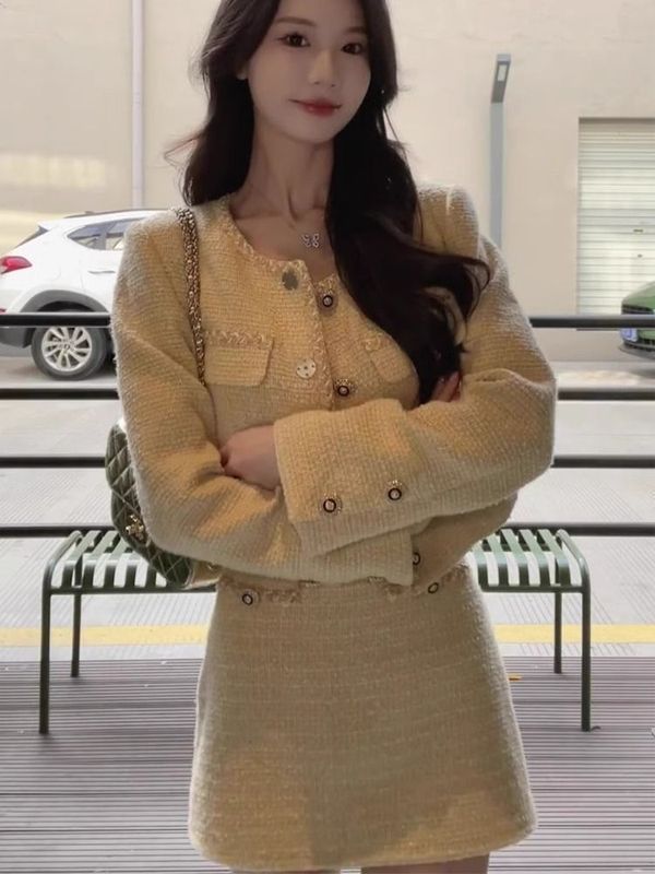 套装女秋冬款韩版气质感小香风短款外套高腰半身裙两件套|undefined
