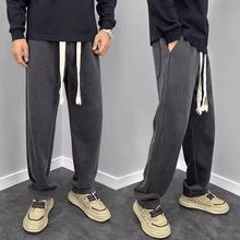 潮牌直筒宽松烟灰色阔腿长裤麂皮绒百搭休闲裤男士垂坠感运动卫裤