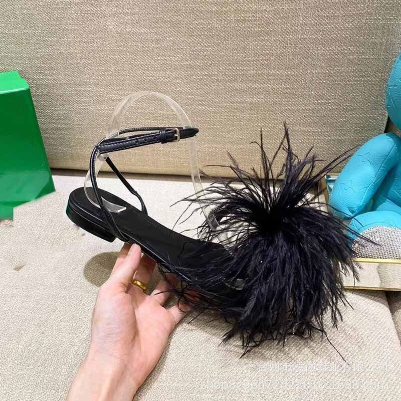European And American Sandals 2022 New Large Size New Turkey Hair Lady Fashion Hairy Fairy Wind Flat Shoes Ostrich Hair Shoes