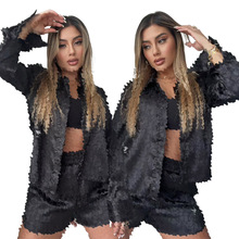 Y71605欧美女装跨境亚马逊 气质优雅 高端色丁 刺绣 长袖短裤套装