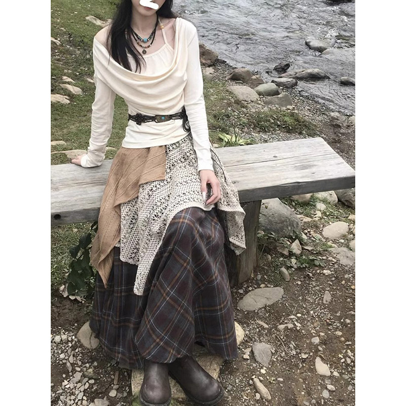 设计感不规则拼接裙子半身裙女秋冬小众别致复古格子裙A字裙长裙|undefined