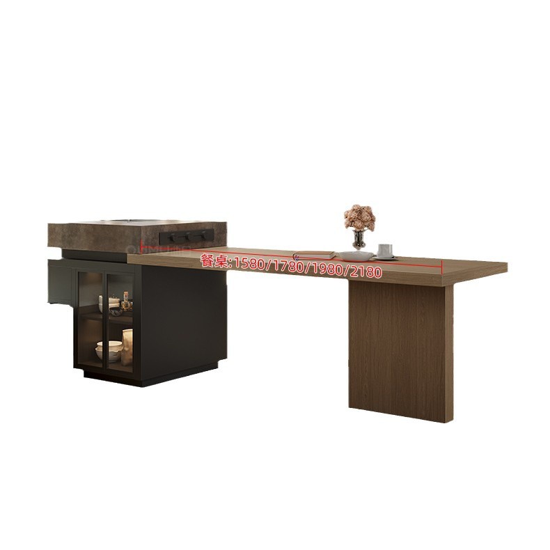 Ventana salediza, isla, mesa de comedor, cocina abierta, sala de estar de estilo de troncos, grano de madera de nogal, plataforma de guía central retráctil, caída