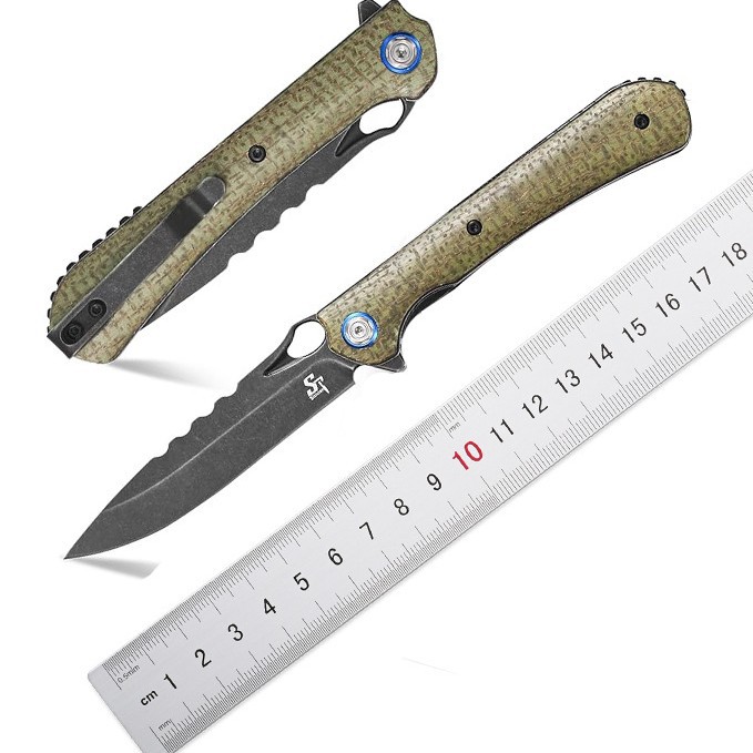 ST145折叠刀14C28N钢刀片+亚麻/G10手柄EDC工具刀适用于野营