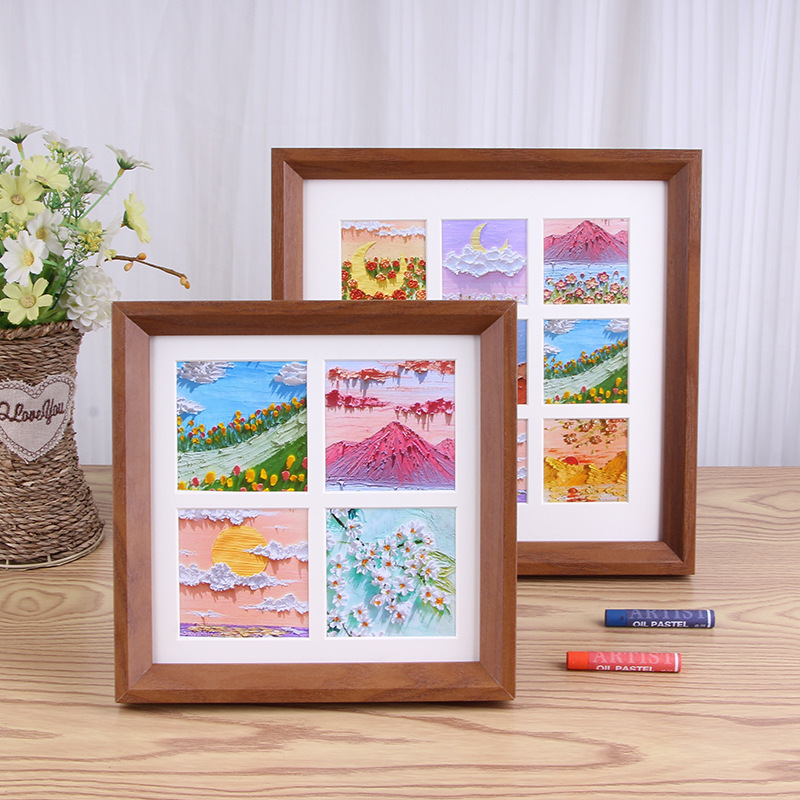 Customized Oil Pastel Photo Frame Four-Square Grids 10X10 Hand-Painted DIY Work Preservation Framed Nine-Square Grids Oil Painting Photo Frame