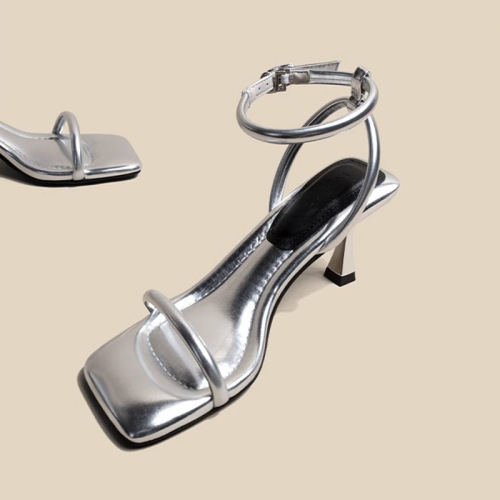 Silver High Heels for Women, Slim Heel, 2024 Summer New Arrival, Suitable with Skirts, French One Strap Roman Sandals for Women, Suede Texture