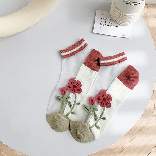 Crystal Socks for Women Glass Silk Summer Tulip Thin Pink Socks Cute Lace Wholesale Socks for Women Cards