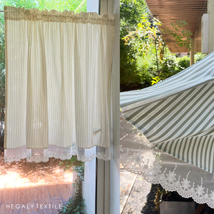 Hegaly Gentle and Light Retro Stripesd Small Curtain Door Curtain Partition Curtain Kitchen Half Curtain Window French Cream Style