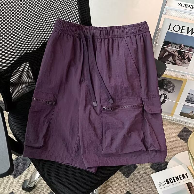 2025 American Summer Men's Multi-Pocket Cargo Shorts Trendy Quick-Dry Breathable Solid Color Simple Loose Five-Point Shorts