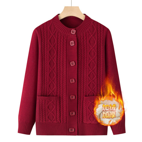 Mum fashionable autumn loose knit cardigan with outerwear for middle-aged long-sleeved coat top, red sweater for elderly