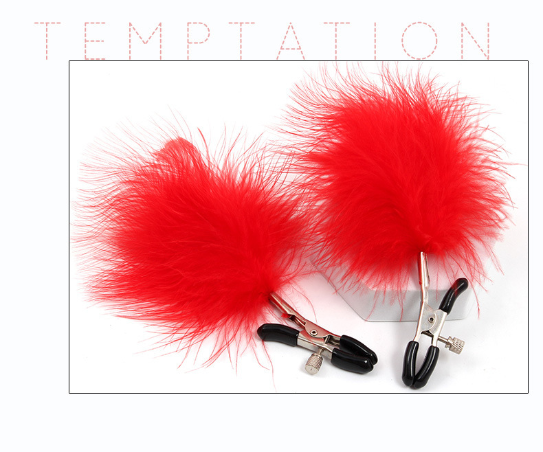 Feather Bell Nipple Clamps, Metal Pair with Red Feather, Bondage Sensory Accessory — detail image 14