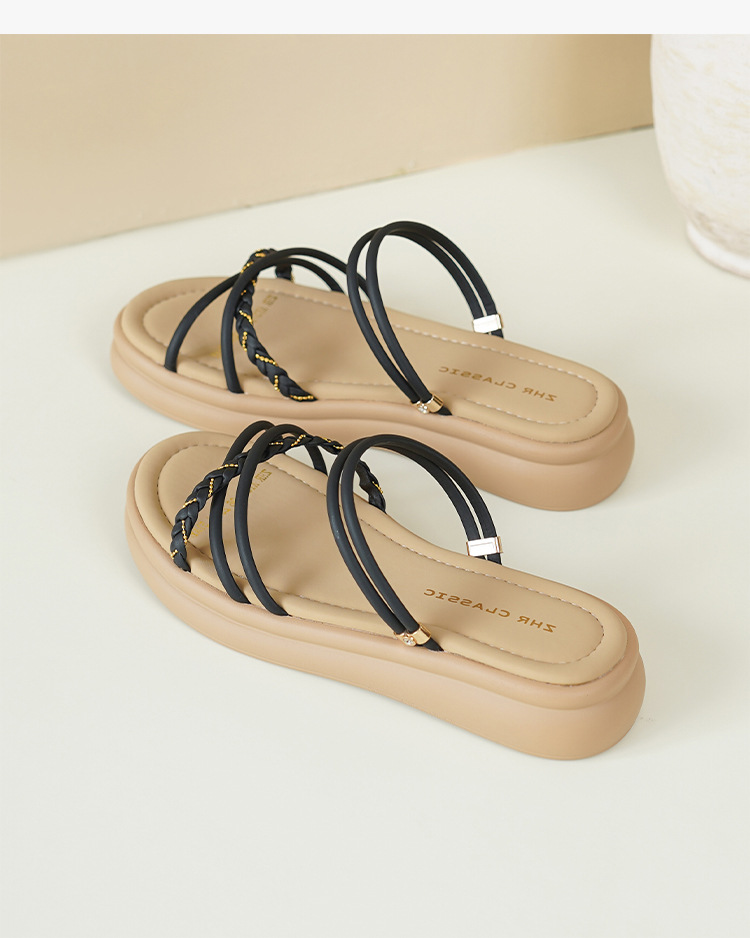 Dép sandal nữ đế bệt quai ngang đính đá phong cách Pháp — AY379 Đen chi tiết 25