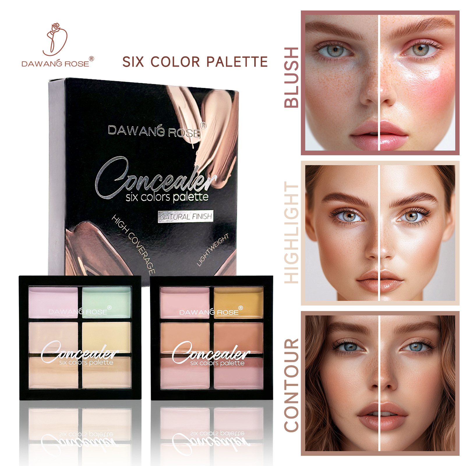 Langdurige, waterbestendige highlighter- en contourpalette met zes kleuren concealer voor het gezicht. Make-up en cosmetica._voghion.com
