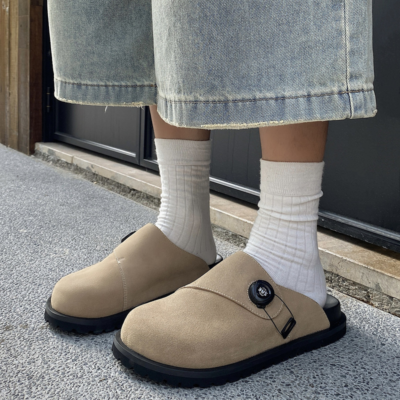 Commuting Versatile Suede Cowhide Birkenstock Shoes Retro Genuine Leather Mule Slippers Thick-Soled Heightening Men's Toe-Cap Half Slippers