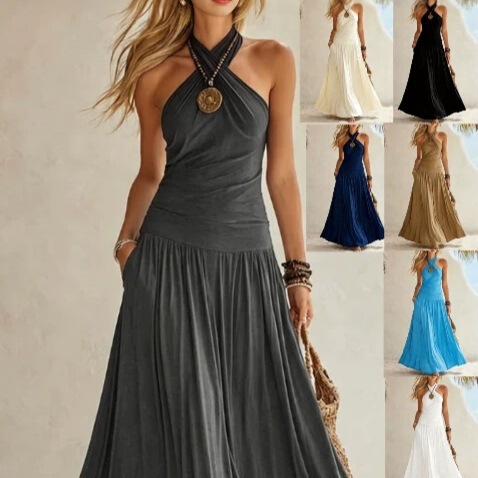 Summer Halter Neck Long Dress, Bohemian Style Sleeveless Pleated Waist-Cinching Long Dress, Vacation Casual Slimming Dress