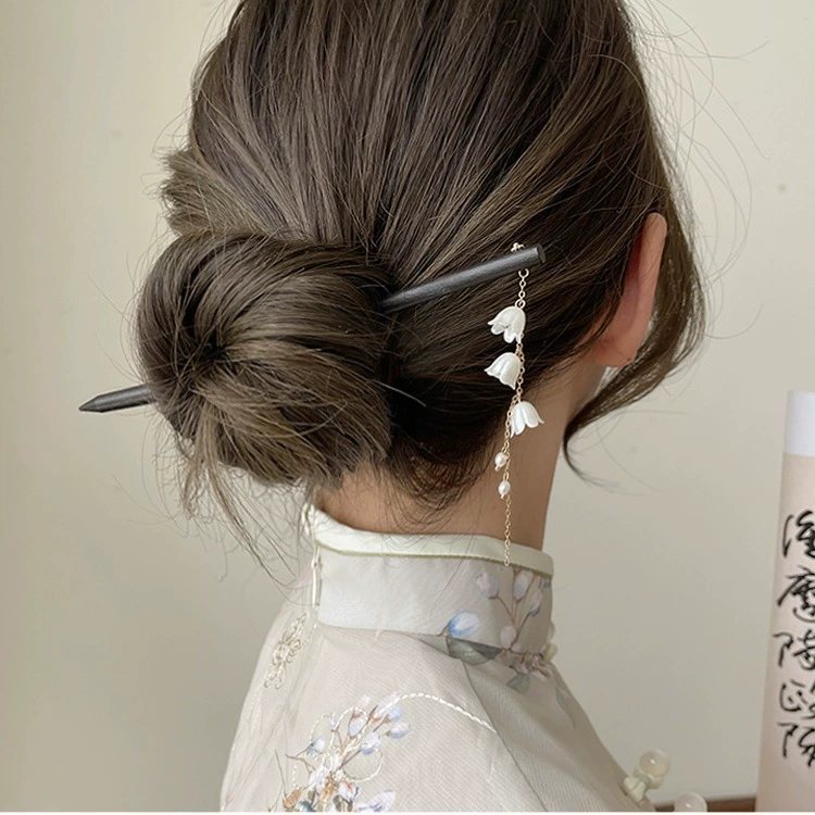 Black wooden hairgrip from pearl, Chinese hairpin, Hanfu, simple and elegant design