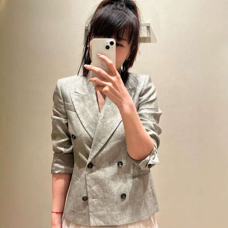 Shenzhen Nanyou Old Money Style BC Relaxed Double-Breasted Linen Bias-Cut Women's Slim-Fit Thin Blazer BC Women's Blazer Shenzhen Nanyou Old Money Style BC Relaxed Double-Breasted Linen Bias-Cut Women's Slim-Fit Thin Blazer BC Women's Blazer