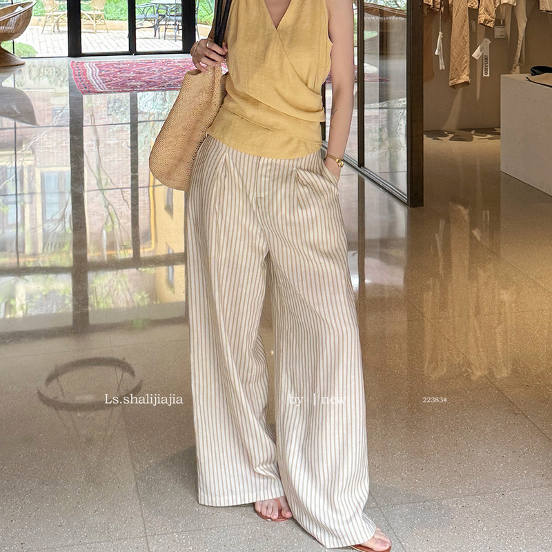 Ls Simple Loose Fit Commuter Striped Casual Pants for Women Guangzhou Shisanxing Summer New Women's Long Pants 22383