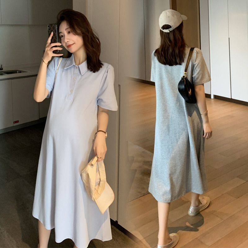Pregnant Women's Summer dress Solid Color Lapel Short Sleeve Loose plus size Mid-length Pregnant Women's Shirt Stylish T-shirt Skirt