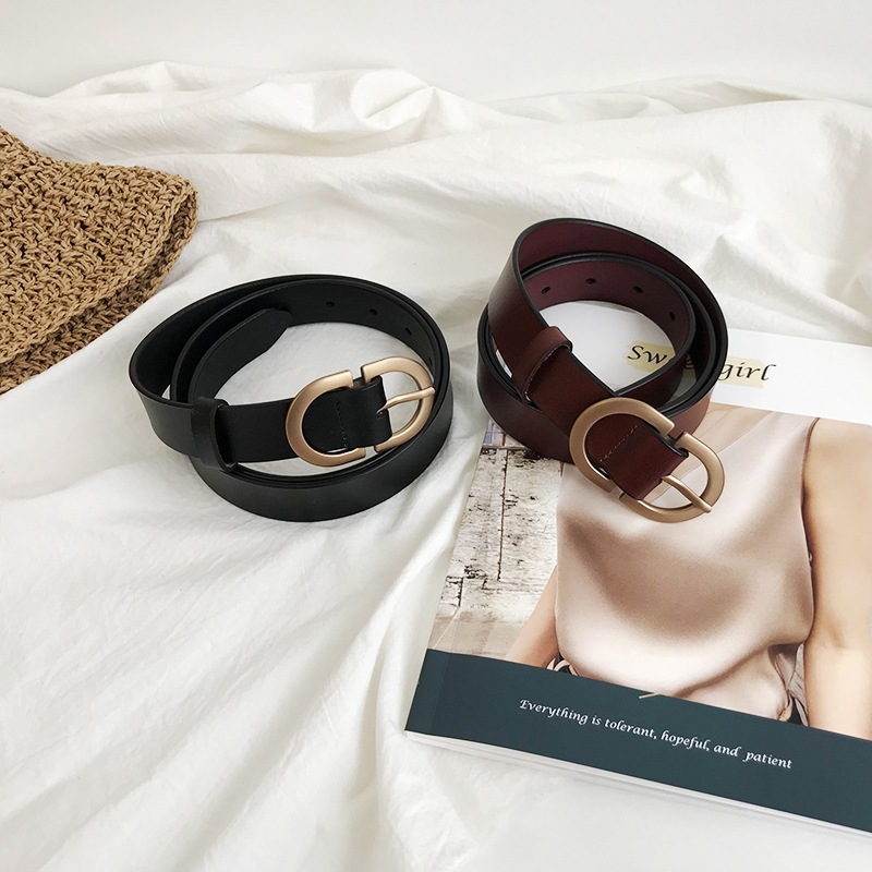 Cinto de couro de duas camadas com fivela lisa preta coreana, cinto jeans, cabeça de fivela antiga feminina, cinto de couro genuíno, mulheres da moda_voghion.com