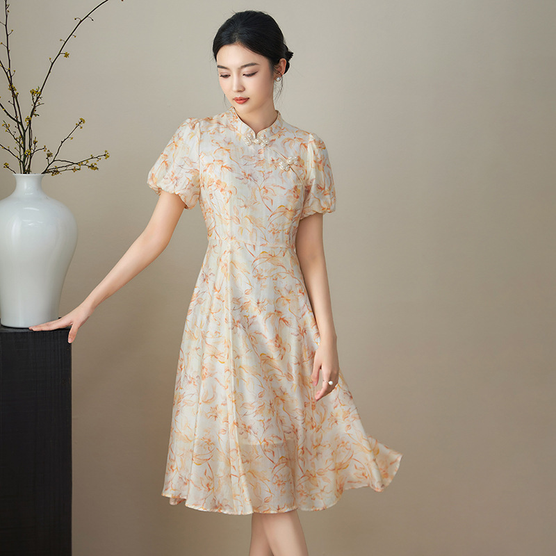 Đầm maxi nữ thắt eo tay ngắn mùa hè — 2411409 - Cam chi tiết 5