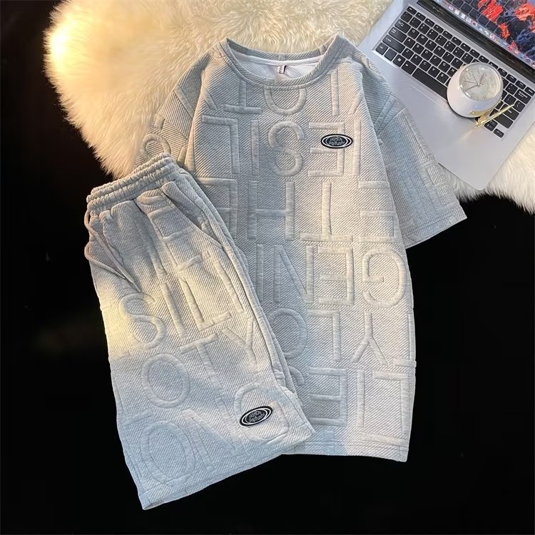 Traje de verano de los hombres de moda todo fósforo color sólido casual Camiseta de manga corta waffle Top marca de moda coreana INS shorts