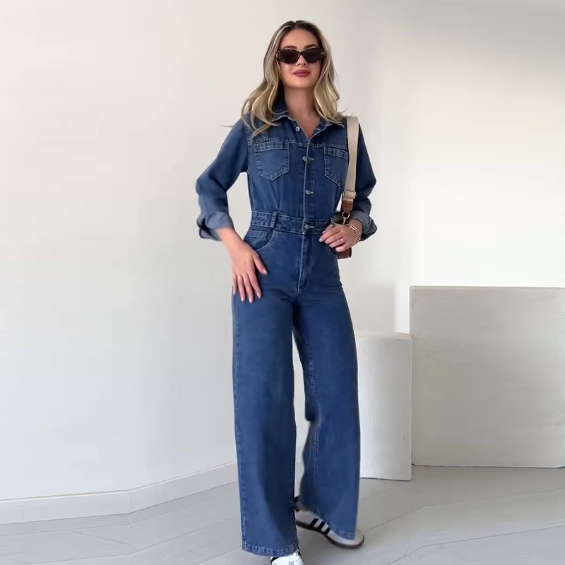 2024 otoño nuevo estilo europeo y americano Amazon transfronterizo ropa de mujer color sólido moda casual mezclilla cintura mono