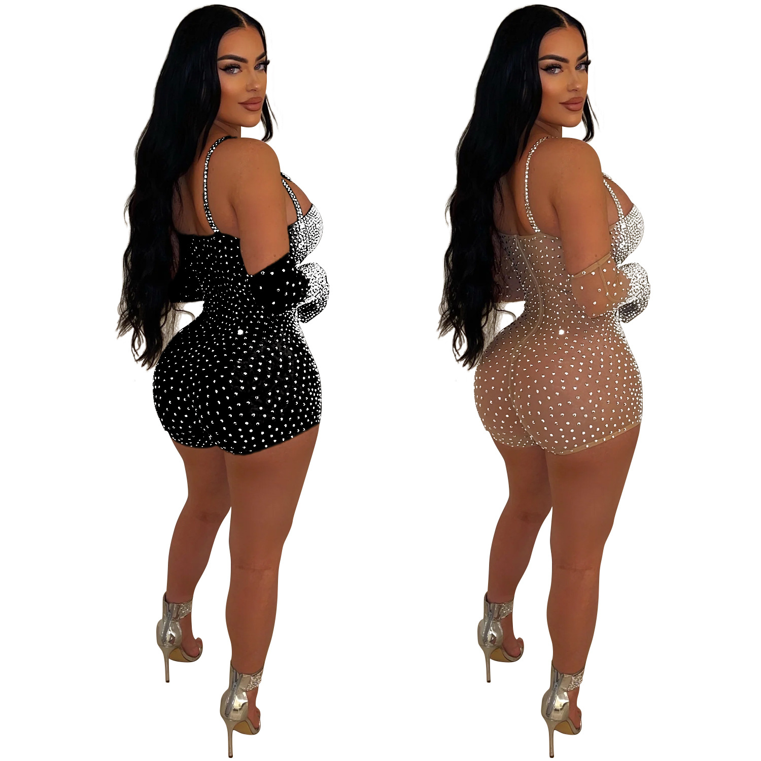 C6902 Aliexpress transfronterizo Amazon Europa y América de moda de mujer de color sólido malla de diamante transparente pantalones cortos monje