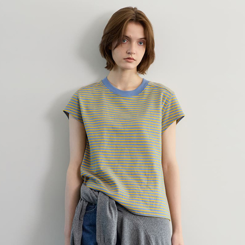 in stock MOONDAL Striped Short-sleeved T-shirt Women's New Spring and Summer Korean Niche Loose Casual Simple Round Neck Top