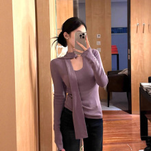 RHGD实拍2025 新款修身显瘦百搭u领针织衫打底衫配围巾上衣