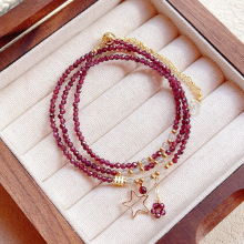 14k包金 天然酒红色 石榴石切面手链 三圈多层手链手串 批发