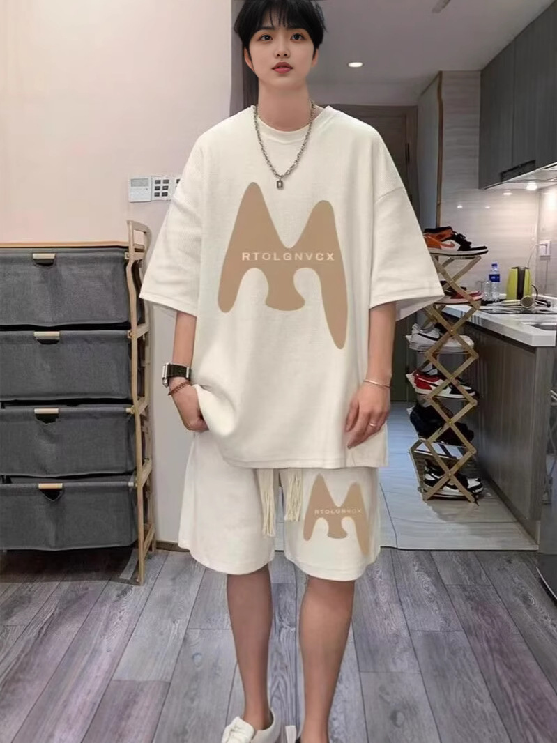 Camisas menos ropa verano para hombres nuevo waffle traje de manga corta deportes casuales de dos piezas en uno guapo y suelto