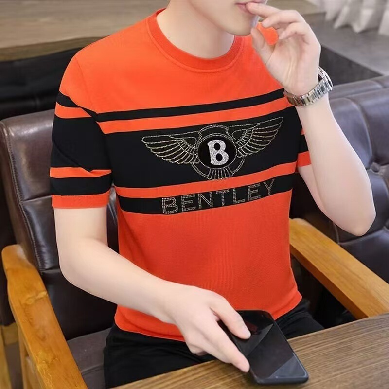 Clearance Men's Short-sleeved T-shirt Summer Ice Silk Top Bee Striped T-shirt Half-sleeved Spliced Casual Base Shirt