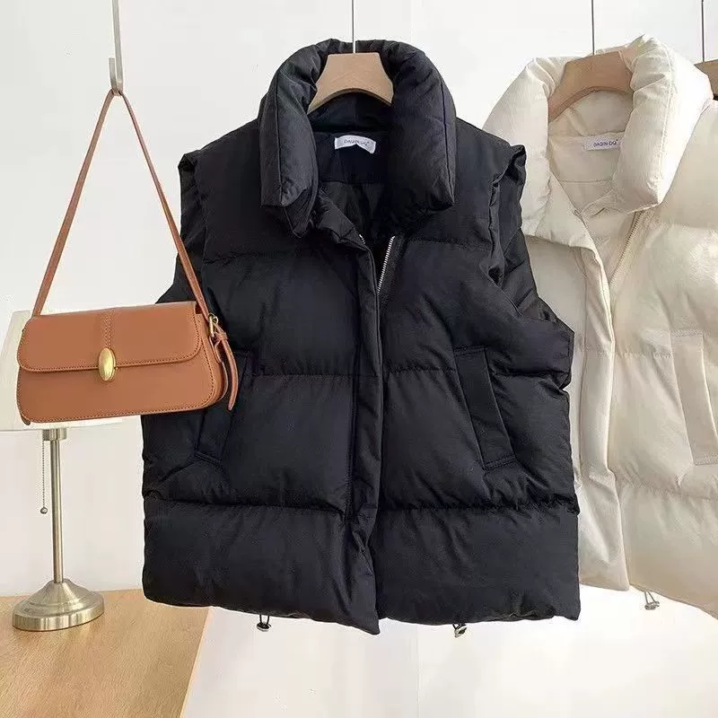 Безрукавка зимняя костюмная куртка, корейский стиль, свободный крой с молнией — теплая набивная жилетка (хаки/черный/рисовый)